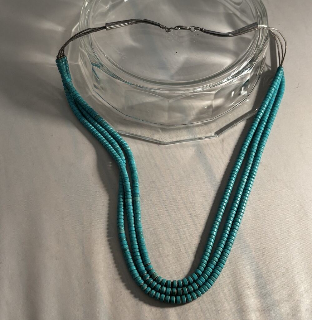 Vintage Navajo TURQUOISE/925 HEISHI Beads 3 Strand liquid Silver Necklace 23”